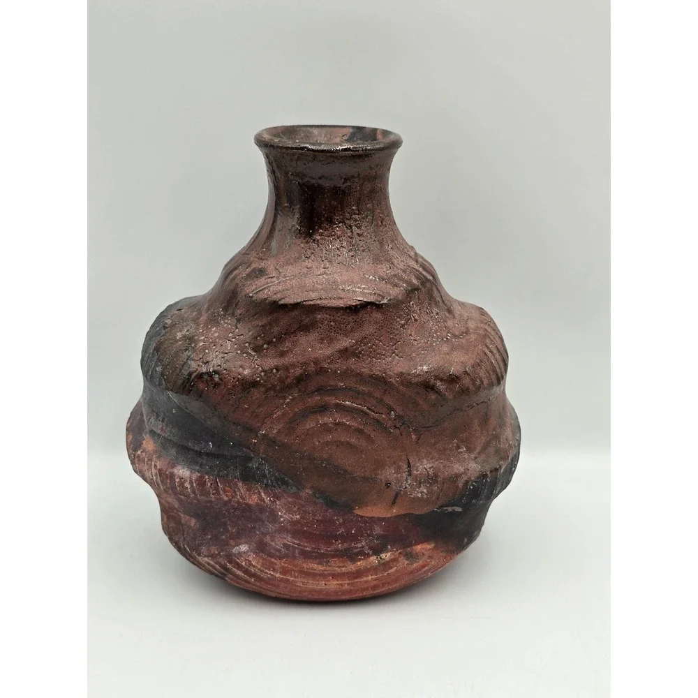 M Casper Studio Pottery Vase Art 7.5in Brown Black‎ Excellent Brutalist 1987